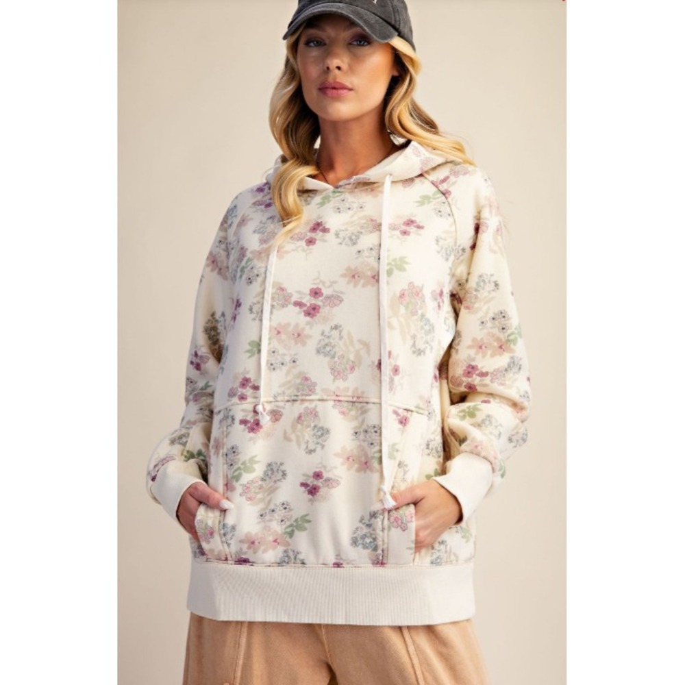194 Easel Cream Floral Terry Hooded Pullover Sweatshirt - SMALL - PTP: 24" (BB2)